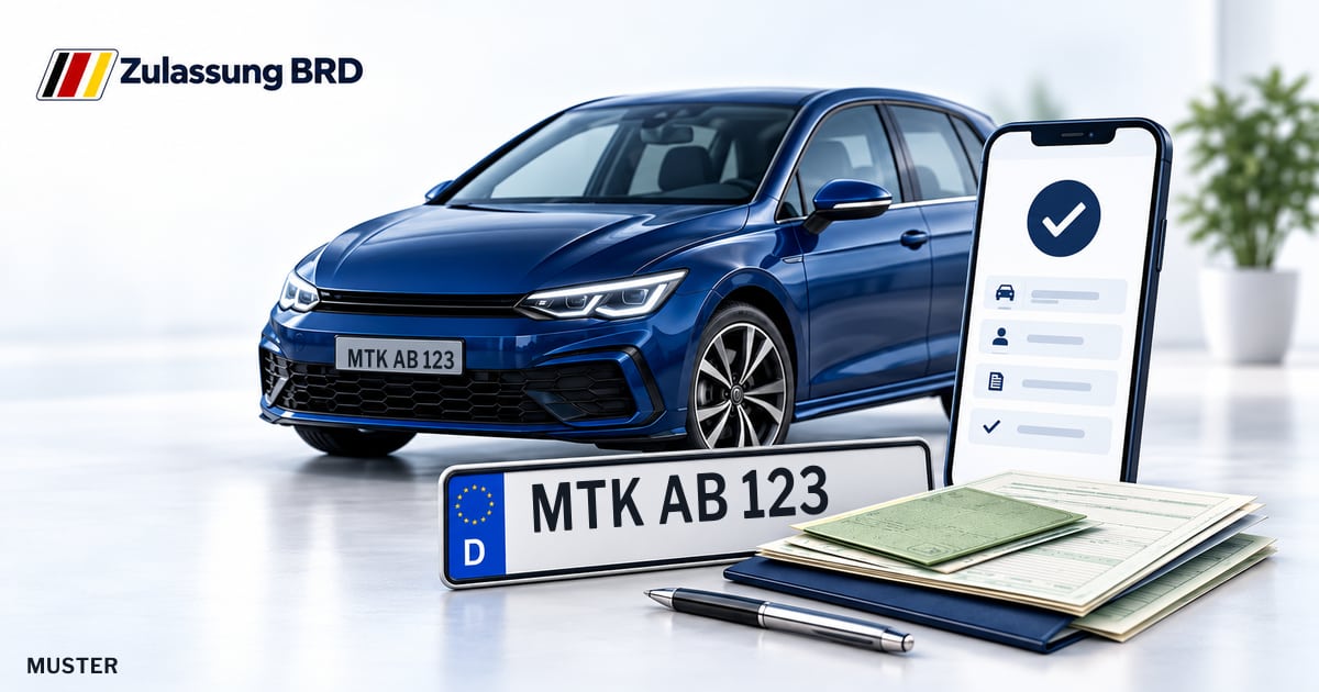 Online Fahrzeugzulassung in Eppstein: Musterkennzeichen MTK AB 123, Auto und Fahrzeugpapiere und Smartphone. Illustration mit Logo von Zulassung BRD.